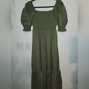 Smocked Puff Sleeve Tiered Boho Milk Maid Peasant Maxi Dress M Goblincore Goth